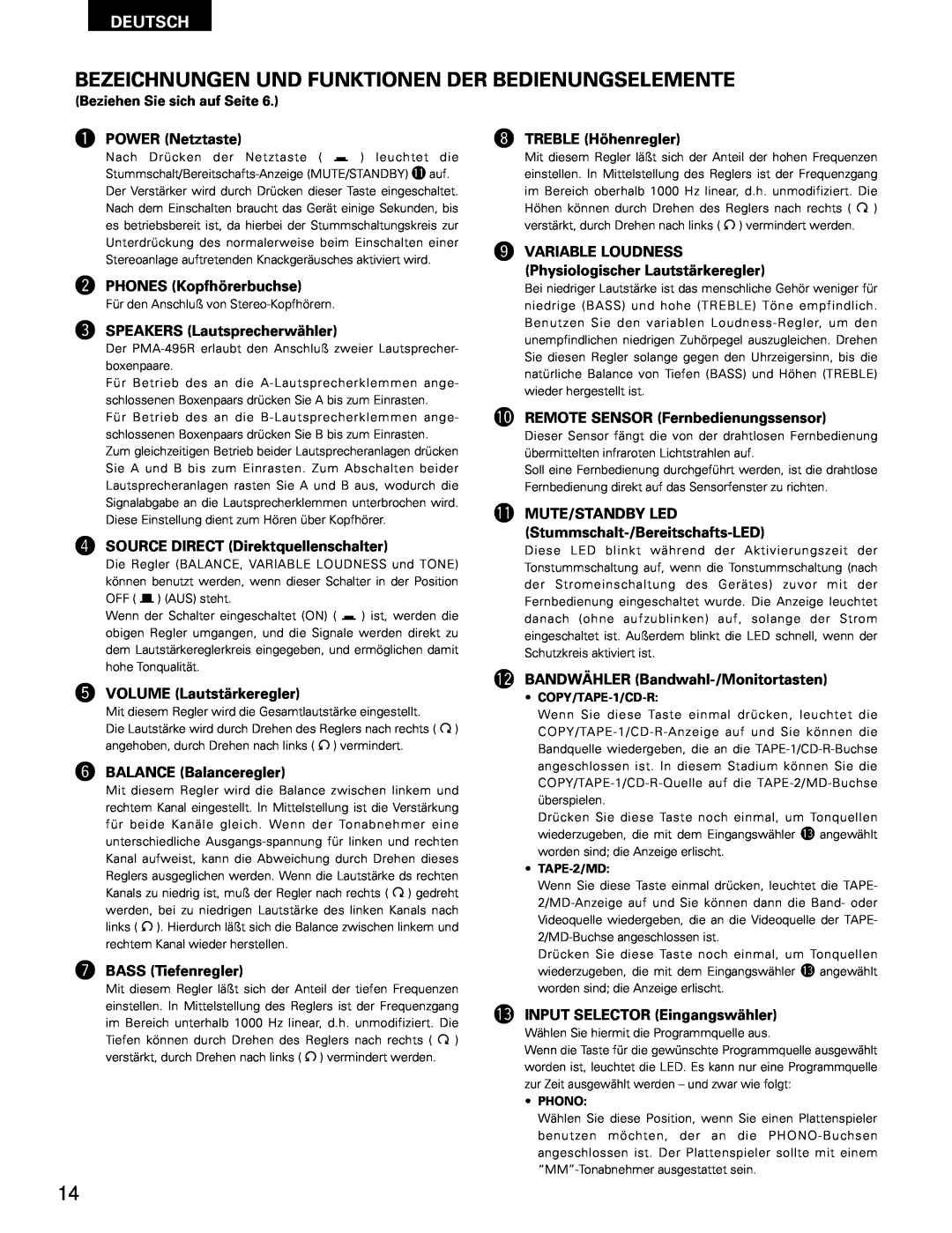 Denon PMA-495R manual Bezeichnungen Und Funktionen Der Bedienungselemente, Deutsch 