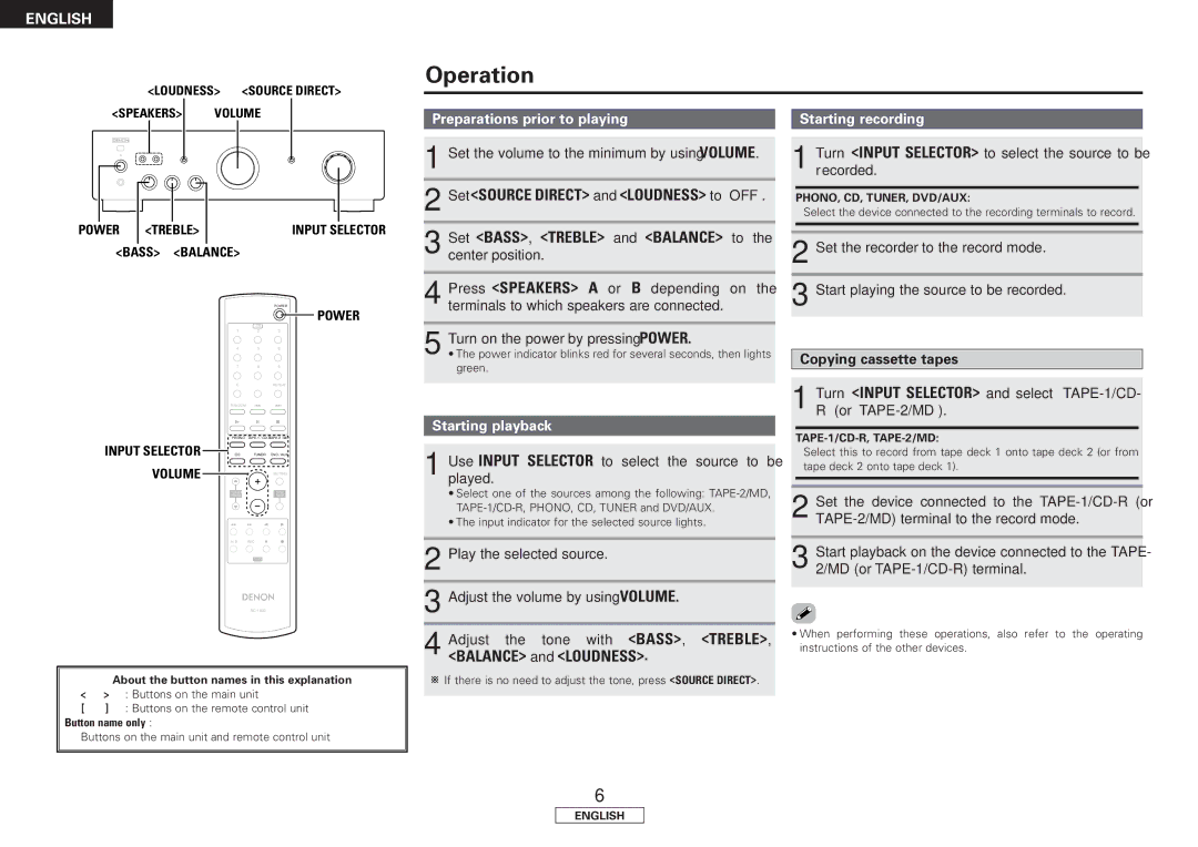 Denon PMA-500AE operating instructions Operation, Preparations prior to playing, Starting playback, Starting recording 