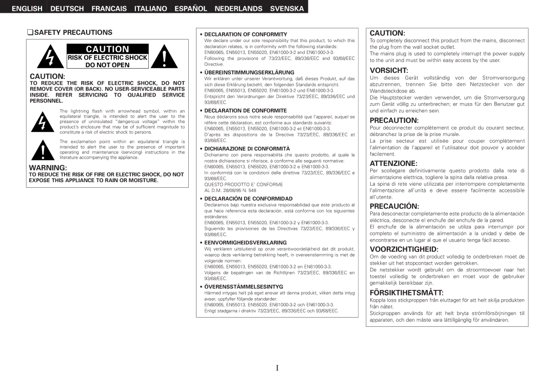 Denon PMA-500AE Übereinstimmungserklärung, Declaration DE Conformite, Dichiarazione DI Conformità, Överensstämmelsesintyg 