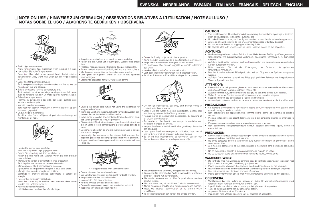 Denon PMA-500AE operating instructions Achtung, Precauzioni, Precaución, Waarschuwing, Observera 