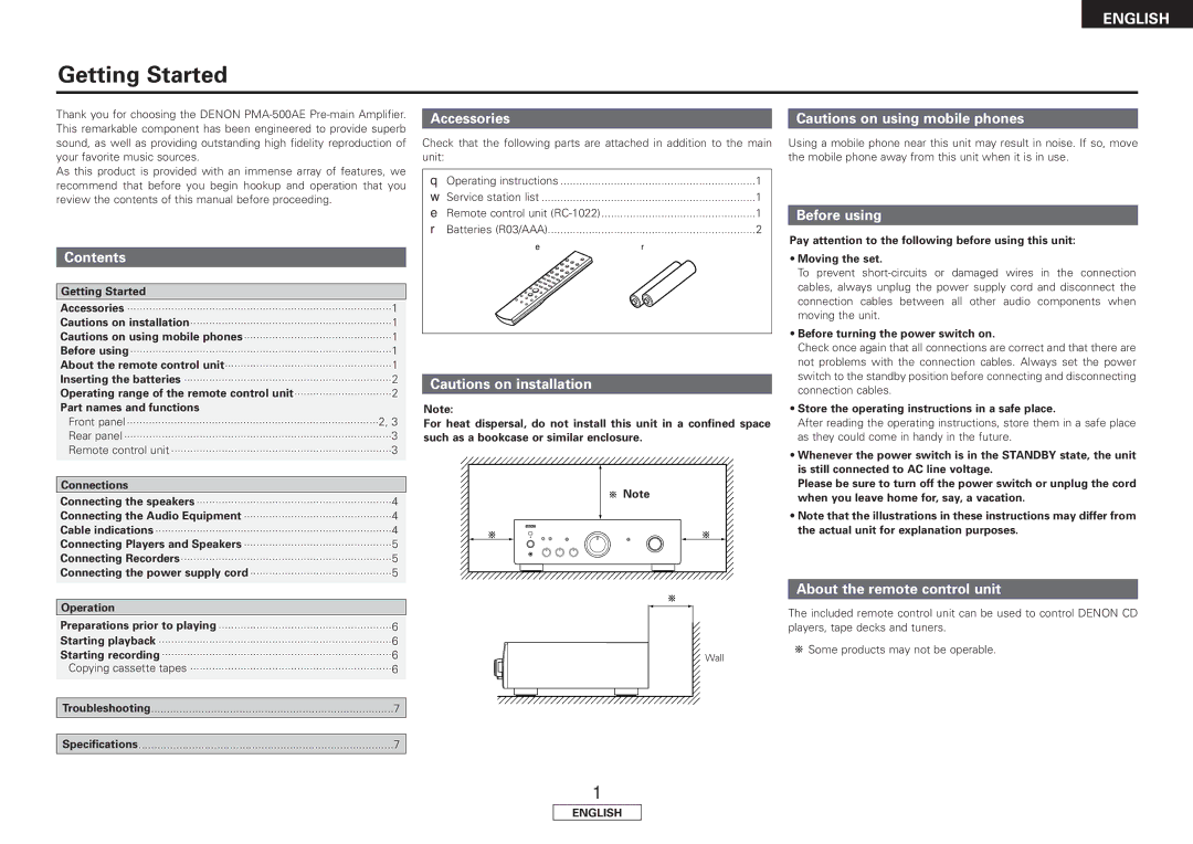 Denon PMA-500AE operating instructions Getting Started, Accessories, Contents, Before using, About the remote control unit 