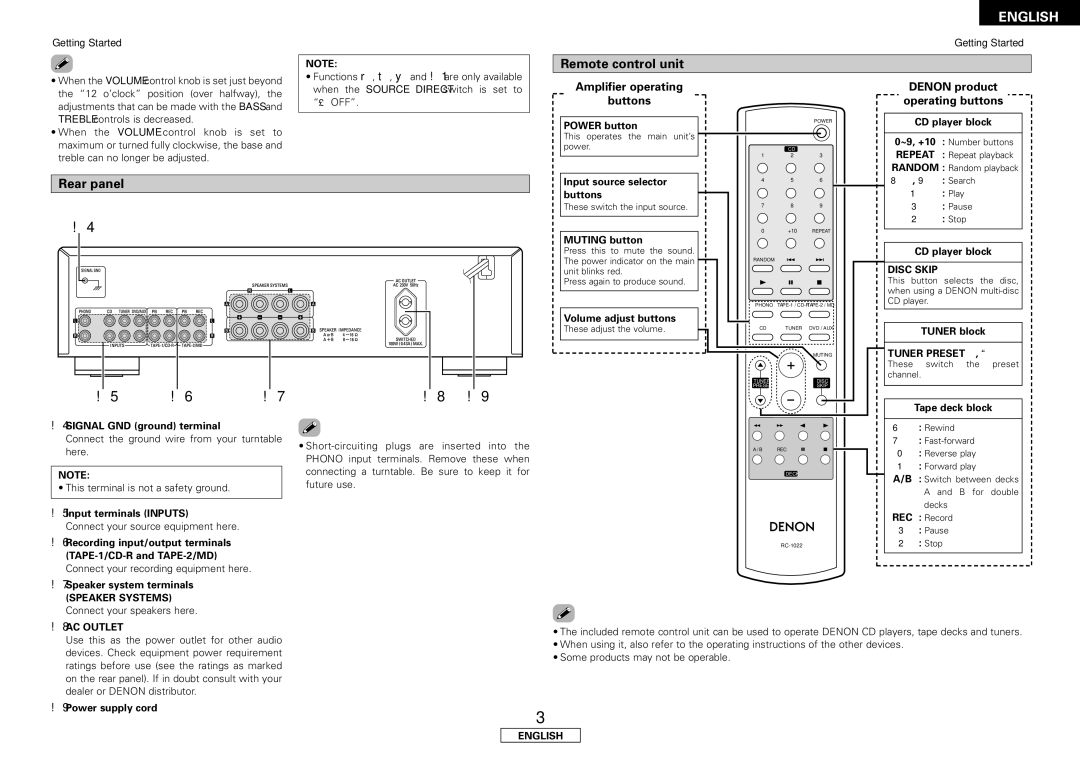 Denon PMA-500AE operating instructions Remote control unit, Rear panel, Speaker Systems, Disc Skip, 8AC Outlet 