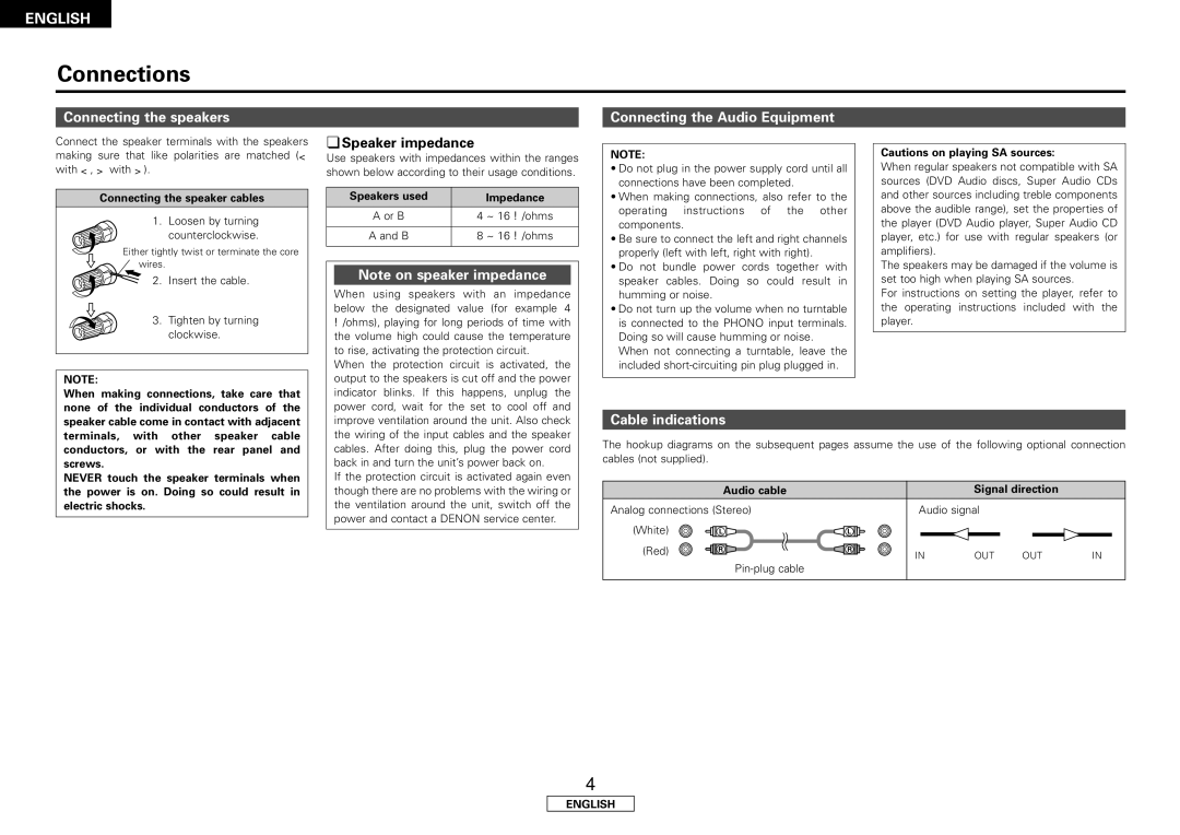Denon PMA-500AE Connections, Connecting the speakers, ¢ Speaker impedance, Connecting the Audio Equipment 