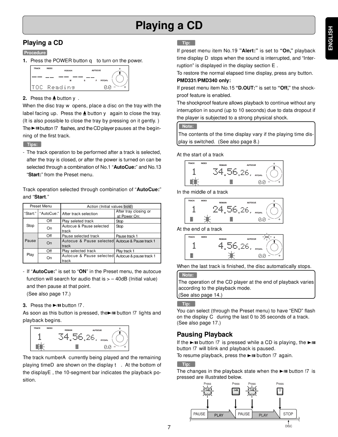 Denon PMD330, PMD331, PMD340 manual Playing a CD, Pausing Playback 