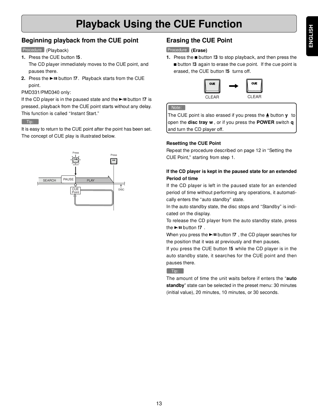 Denon PMD330, PMD331, PMD340 manual Beginning playback from the CUE point, Erasing the CUE Point 