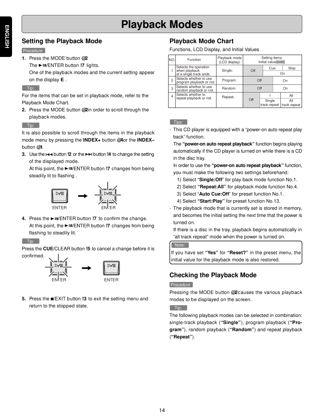 Denon PMD331, PMD340, PMD330 Playback Modes, Setting the Playback Mode, Playback Mode Chart, Checking the Playback Mode 