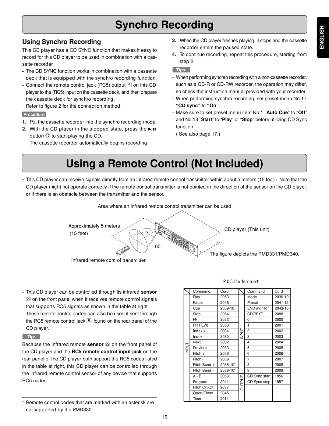 Denon PMD340, PMD331, PMD330 manual Using a Remote Control Not Included, Using Synchro Recording 