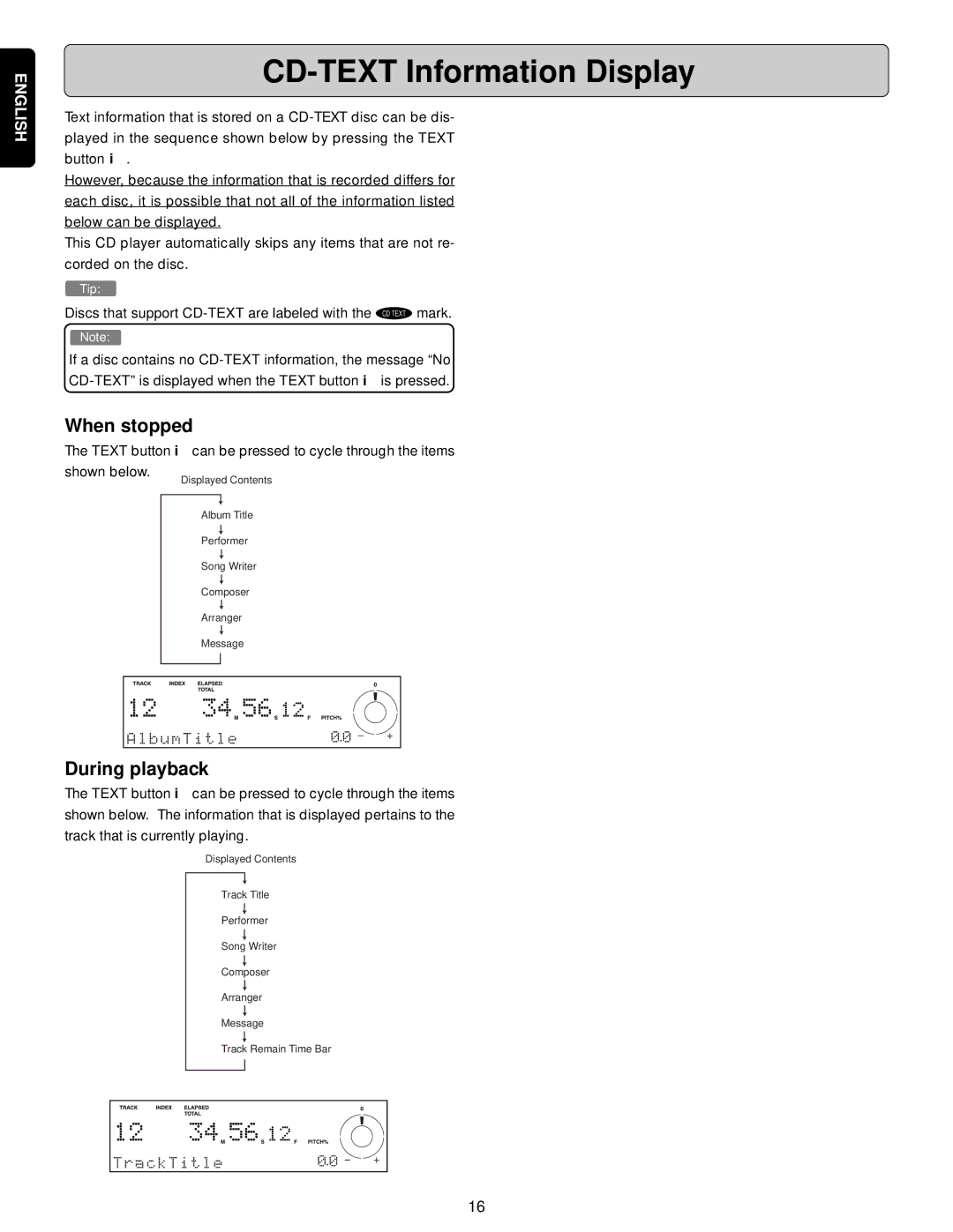 Denon PMD330, PMD331, PMD340 manual CD-TEXT Information Display, When stopped, During playback 