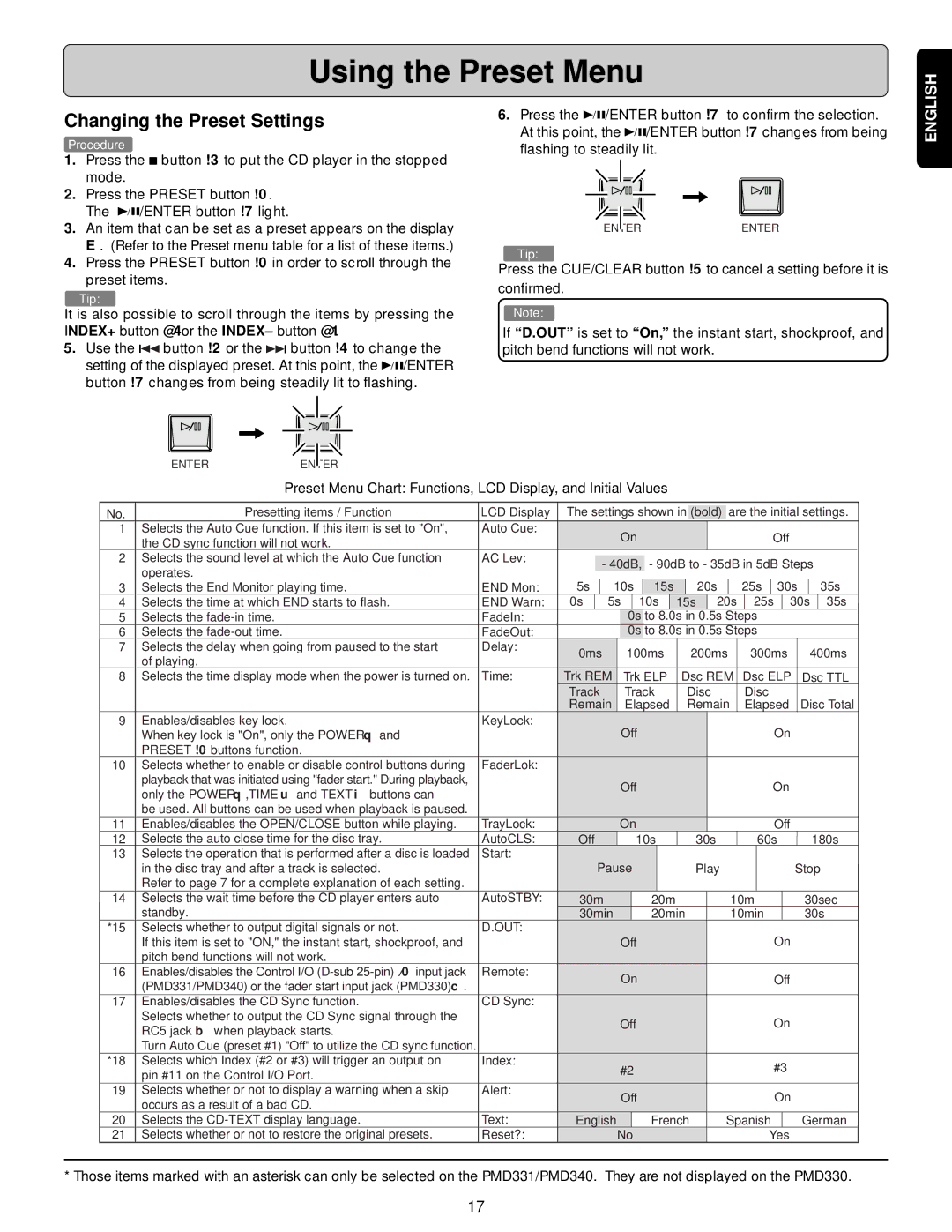 Denon PMD331, PMD340, PMD330 manual Using the Preset Menu, Changing the Preset Settings 