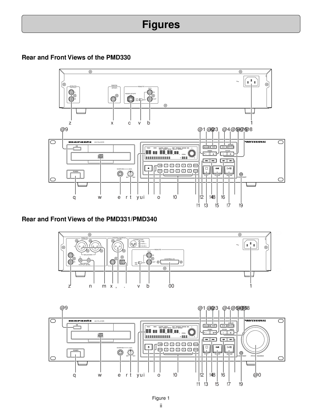 Denon manual Rear and Front Views of the PMD330, Rear and Front Views of the PMD331/PMD340 