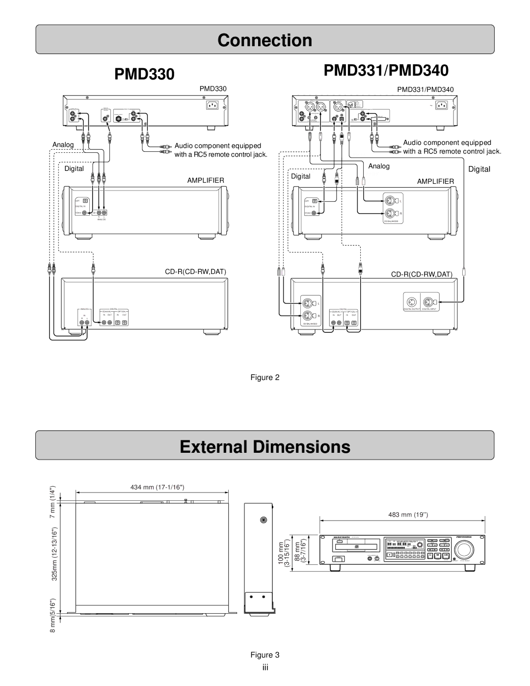 Denon PMD330, PMD331, PMD340 manual Connection, External Dimensions 