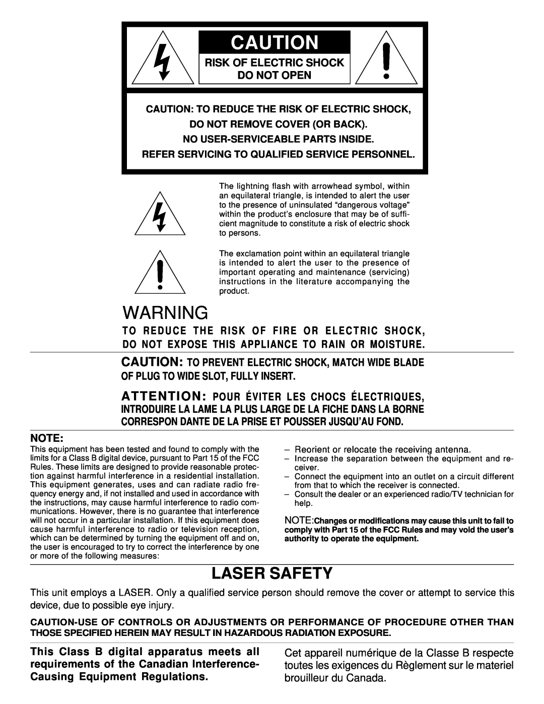 Denon PMD330, PMD331, PMD340 manual Laser Safety, Risk Of Electric Shock Do Not Open 
