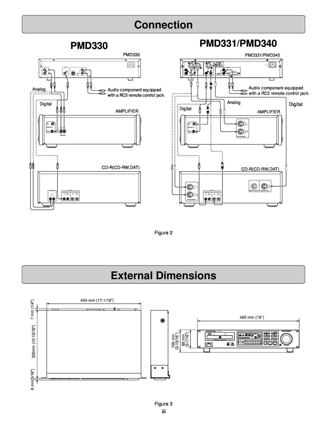 Denon manual Connection, External Dimensions, PMD330PMD331/PMD340 