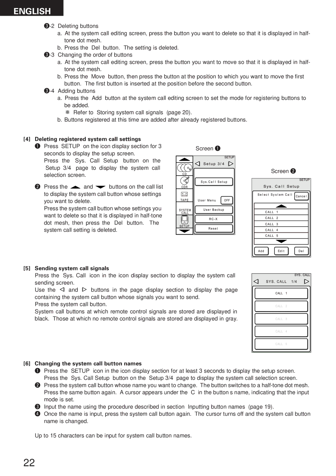 Denon RC-8000 Deleting registered system call settings, Sending system call signals, Changing the system call button names 