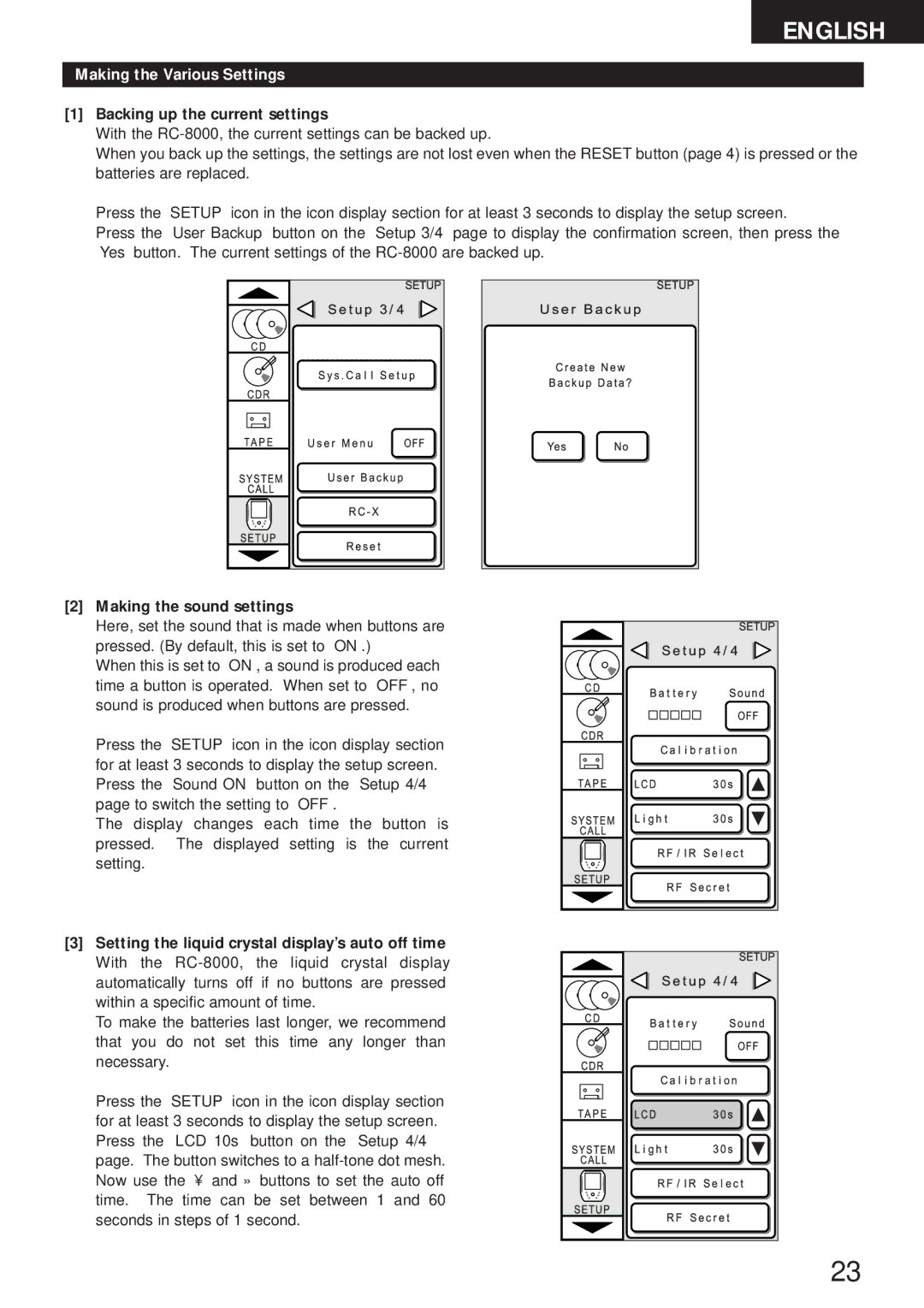 Denon RC-8000 manual Making the Various Settings, Backing up the current settings, Making the sound settings 