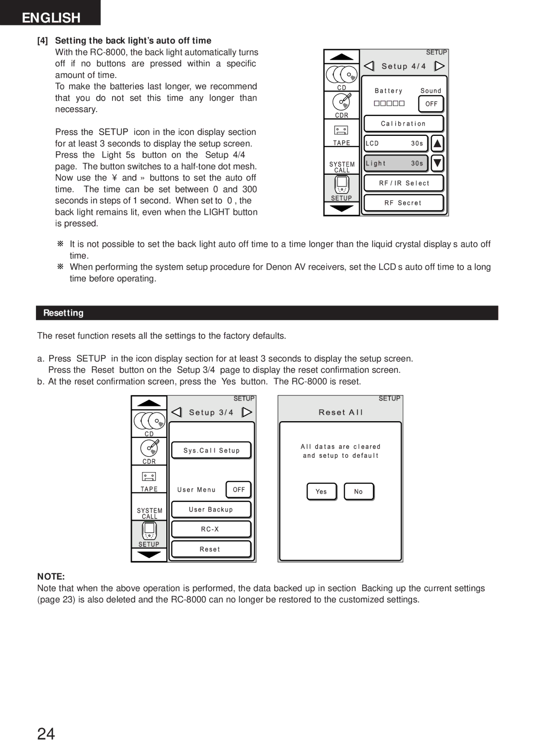 Denon RC-8000 manual Setting the back light’s auto off time, Resetting 