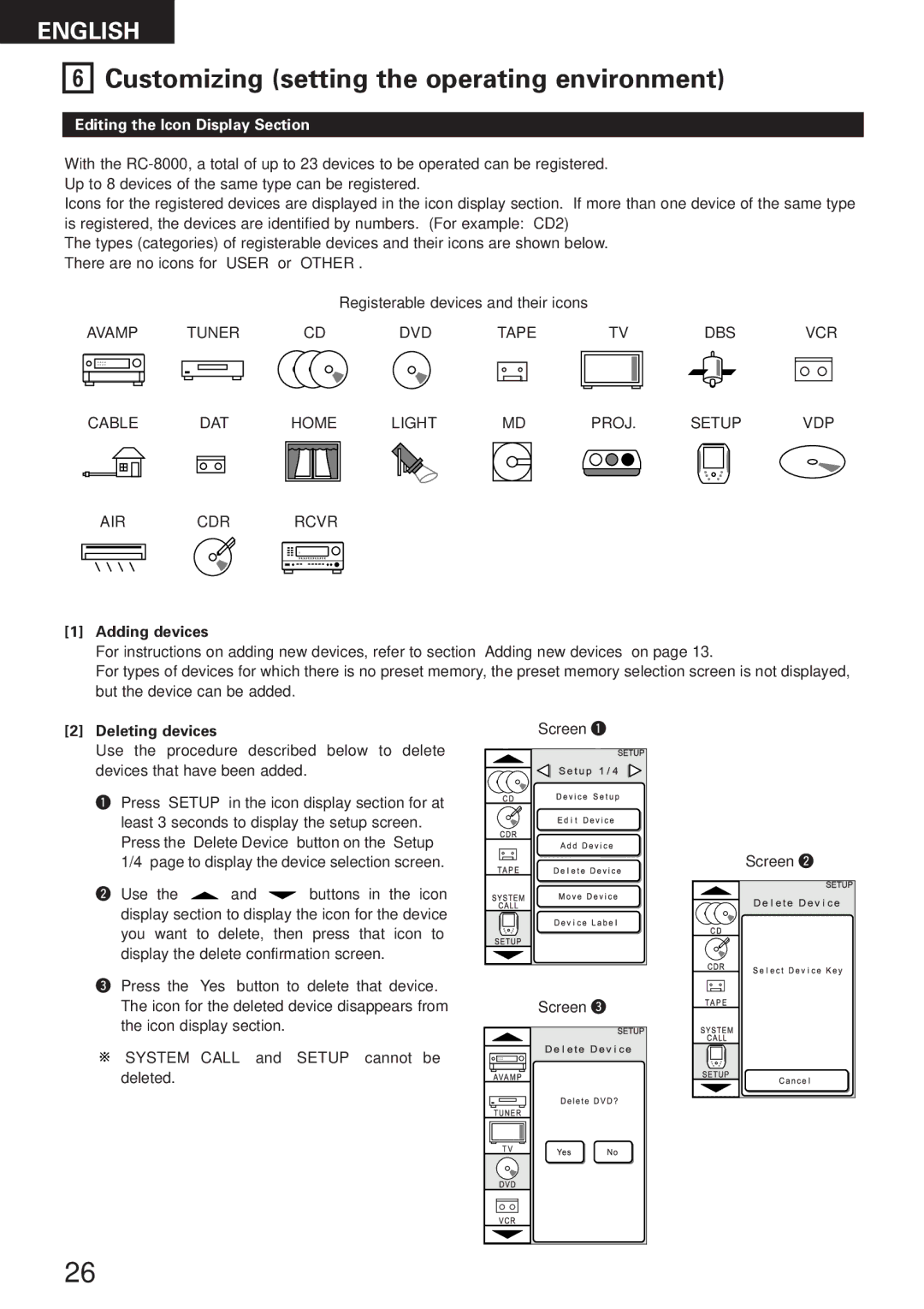 Denon RC-8000 manual Editing the Icon Display Section, Adding devices, Deleting devices 