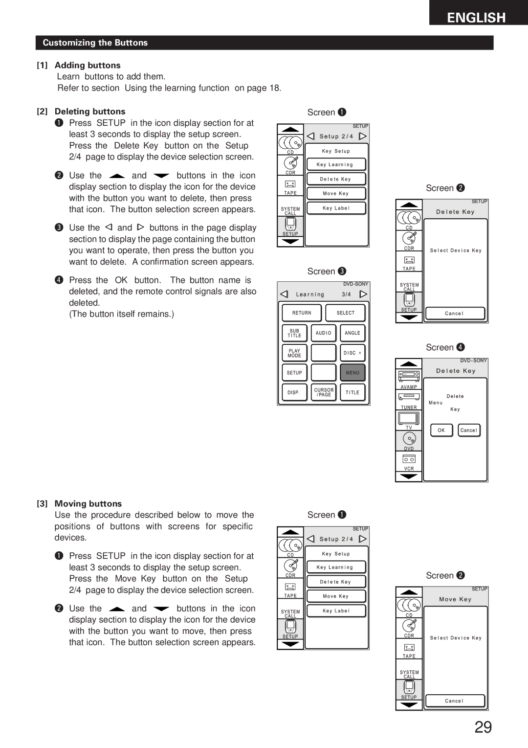 Denon RC-8000 manual Customizing the Buttons, Adding buttons, Deleting buttons Screen q, Moving buttons 