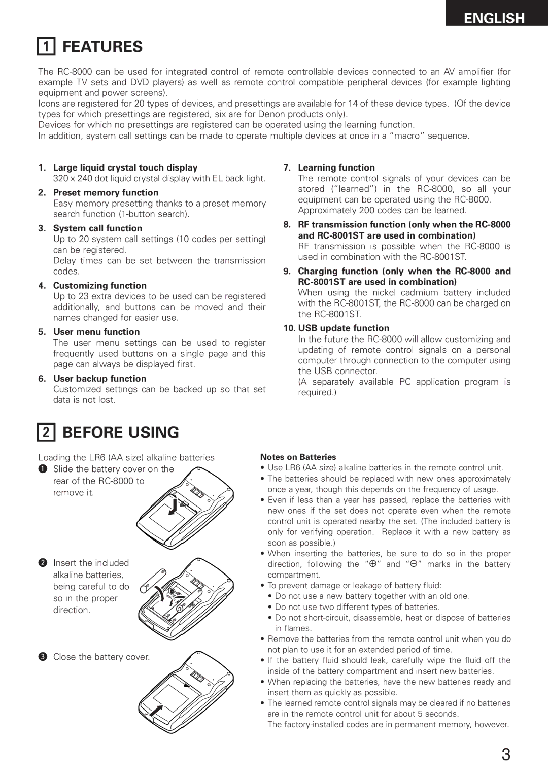 Denon RC-8000 manual Features, Before Using 