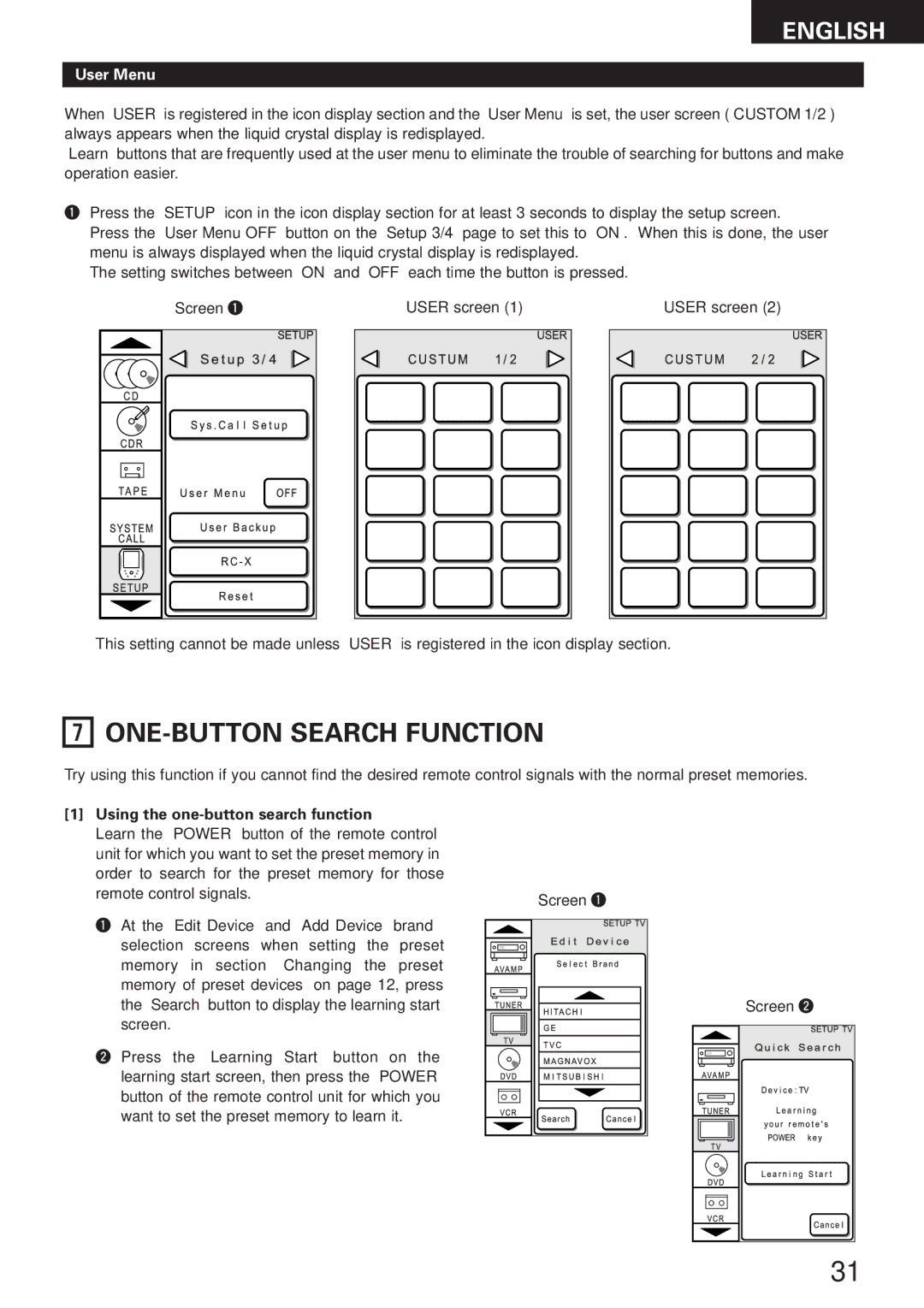 Denon RC-8000 manual ONE-BUTTON Search Function, User Menu, Using the one-button search function 