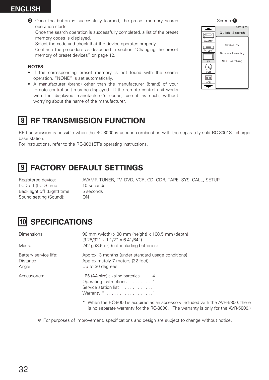 Denon RC-8000 manual RF Transmission Function, Factory Default Settings, Specifications 