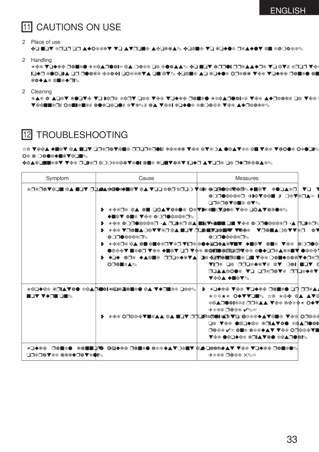 Denon RC-8000 manual Troubleshooting, Place of use, Handling, Cleaning, Symptom Cause Measures 