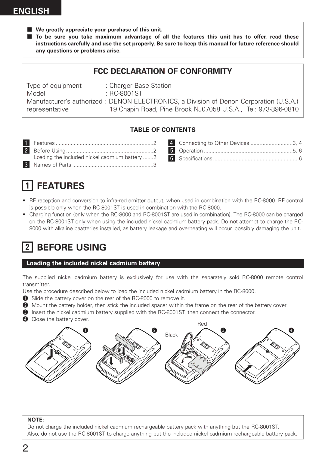 Denon RC-8000 manual FCC Declaration of Conformity, Loading the included nickel cadmium battery 