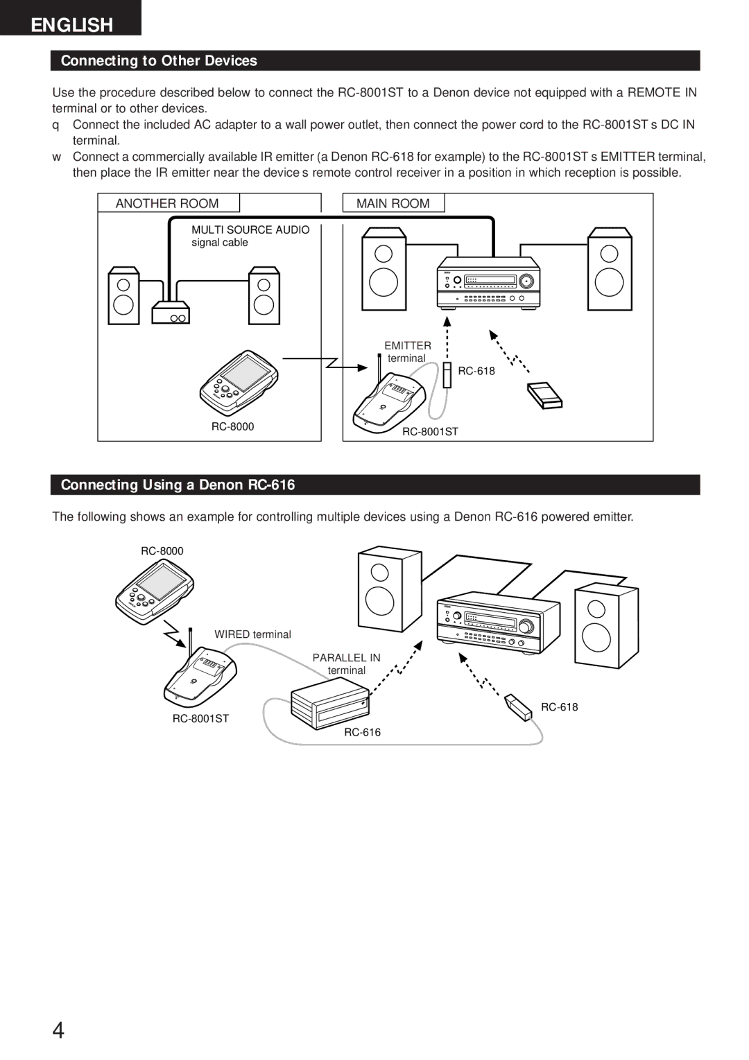 Denon RC-8000 manual Connecting to Other Devices, Connecting Using a Denon RC-616 