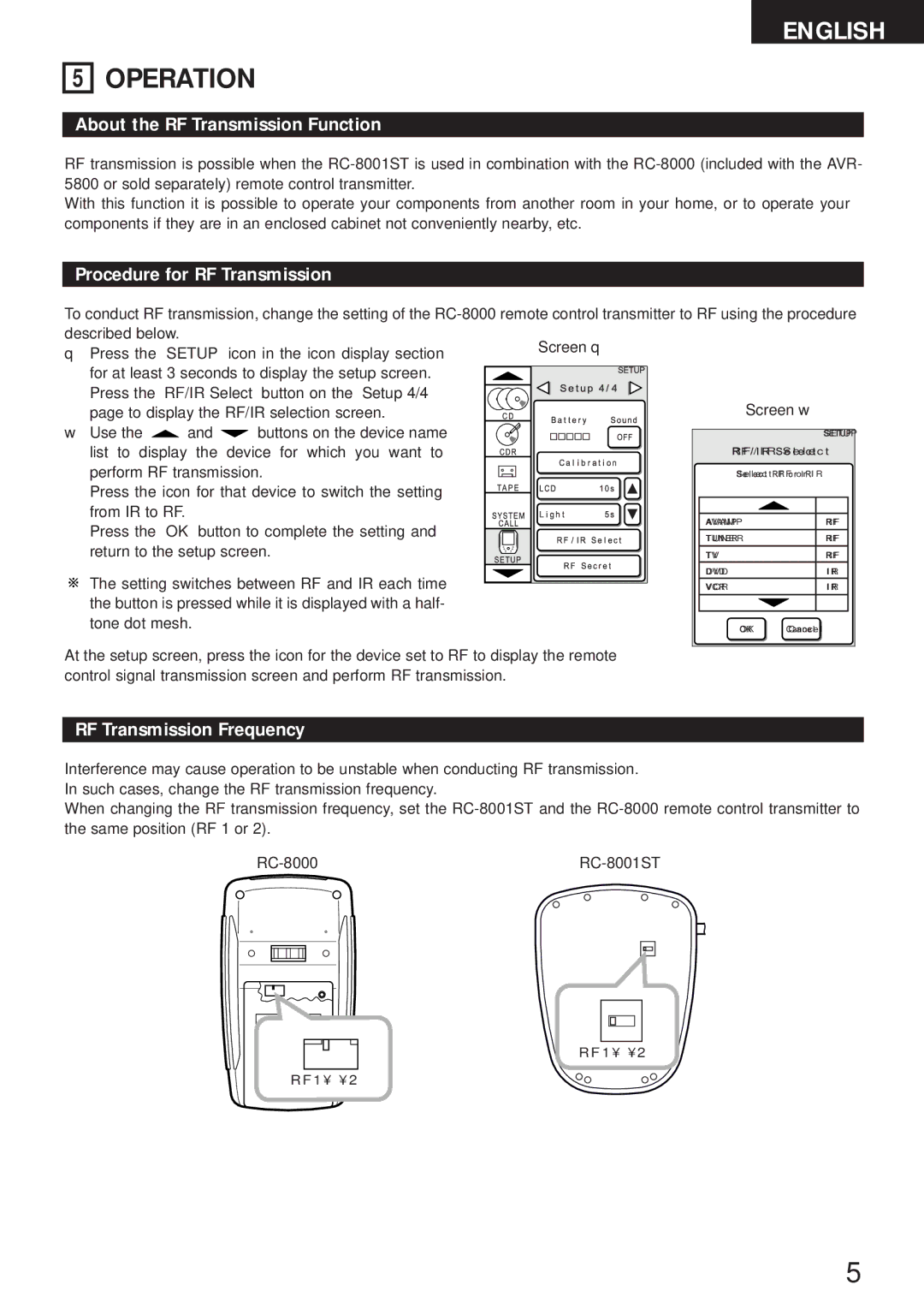 Denon RC-8000 manual About the RF Transmission Function, Procedure for RF Transmission, RF Transmission Frequency 