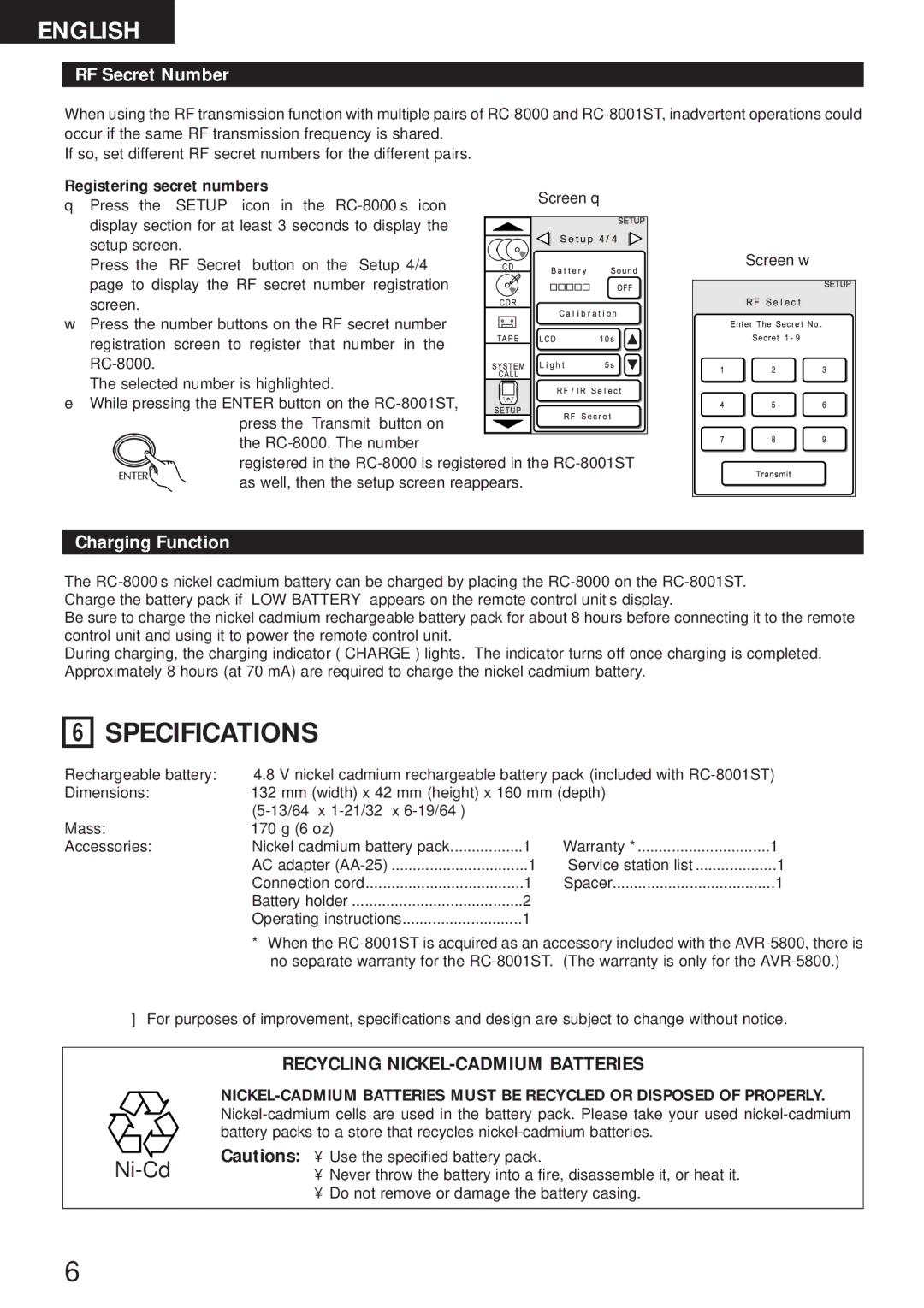 Denon RC-8000 manual RF Secret Number, Charging Function, Registering secret numbers 