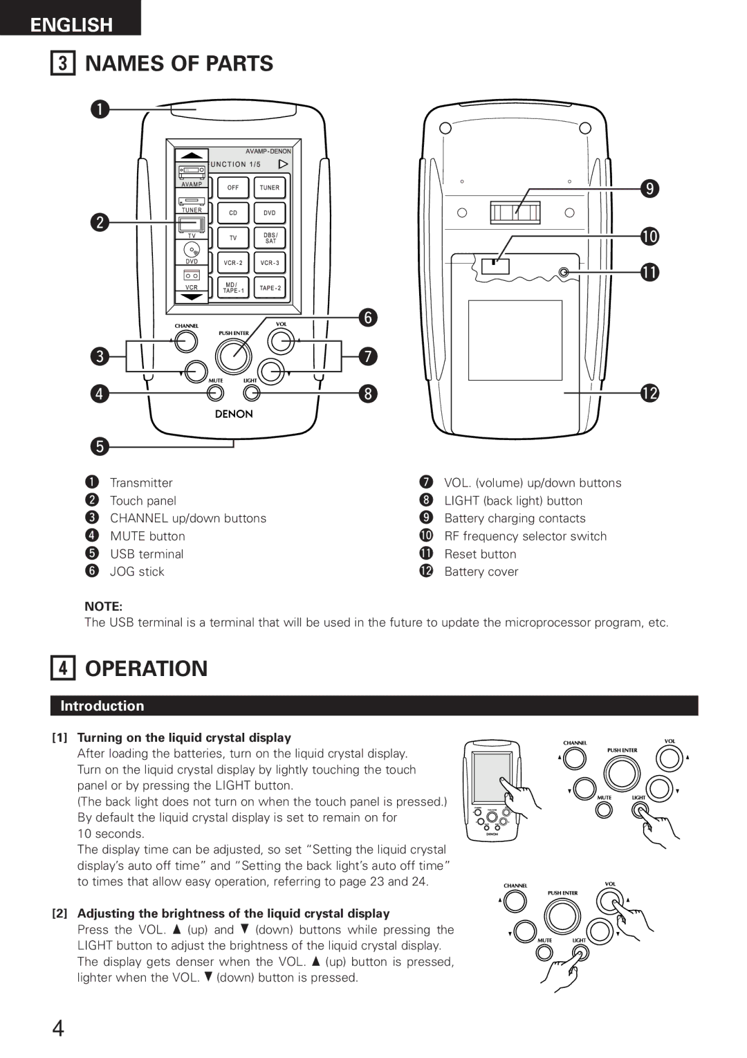 Denon RC-8000 manual Names of Parts, Operation, Introduction, Turning on the liquid crystal display 