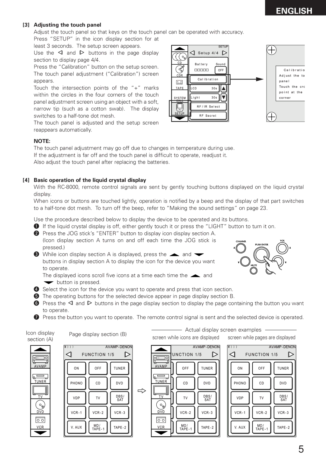 Denon RC-8000 manual Adjusting the touch panel, Basic operation of the liquid crystal display 