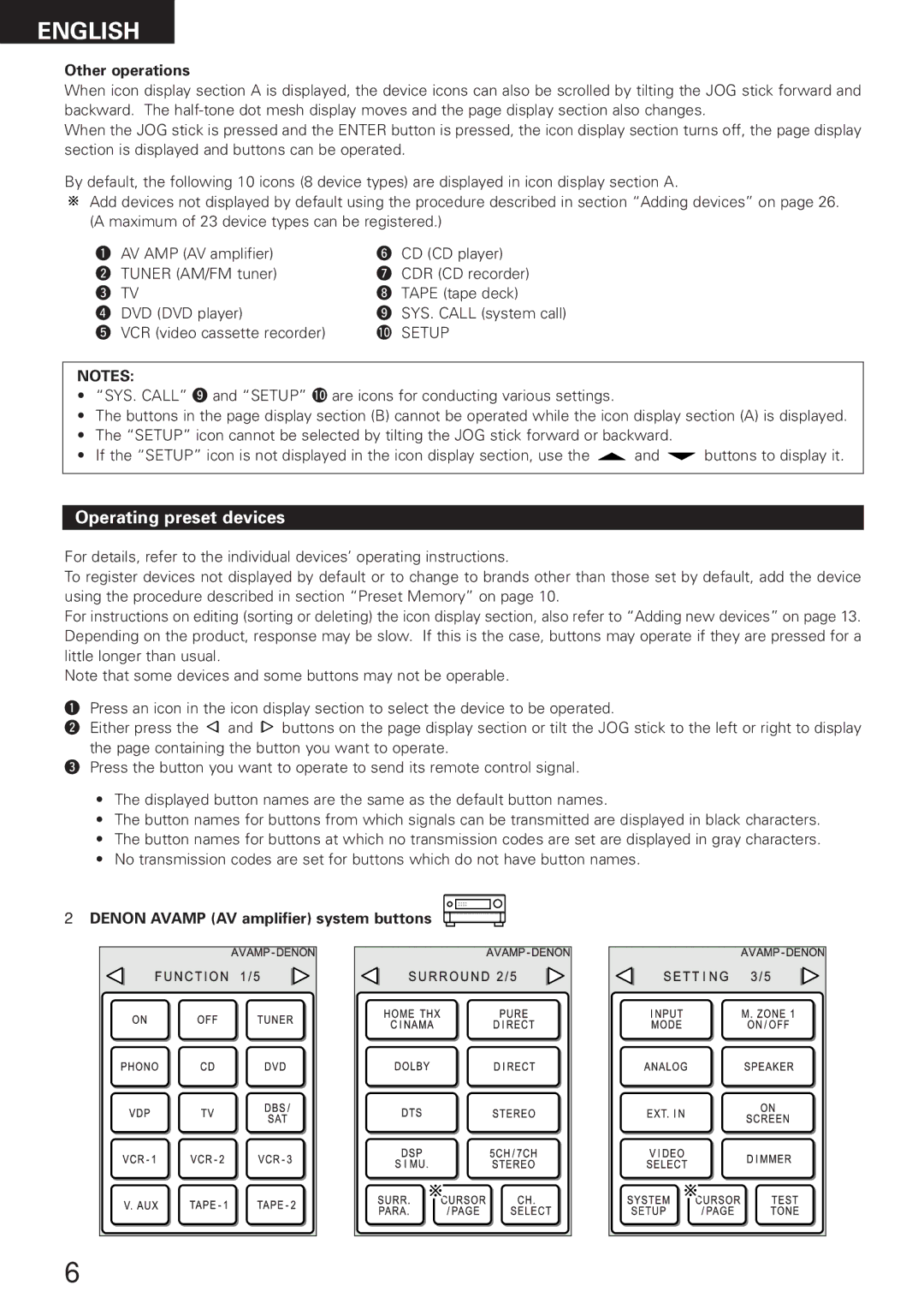 Denon RC-8000 manual Operating preset devices, Other operations, Denon Avamp AV amplifier system buttons 