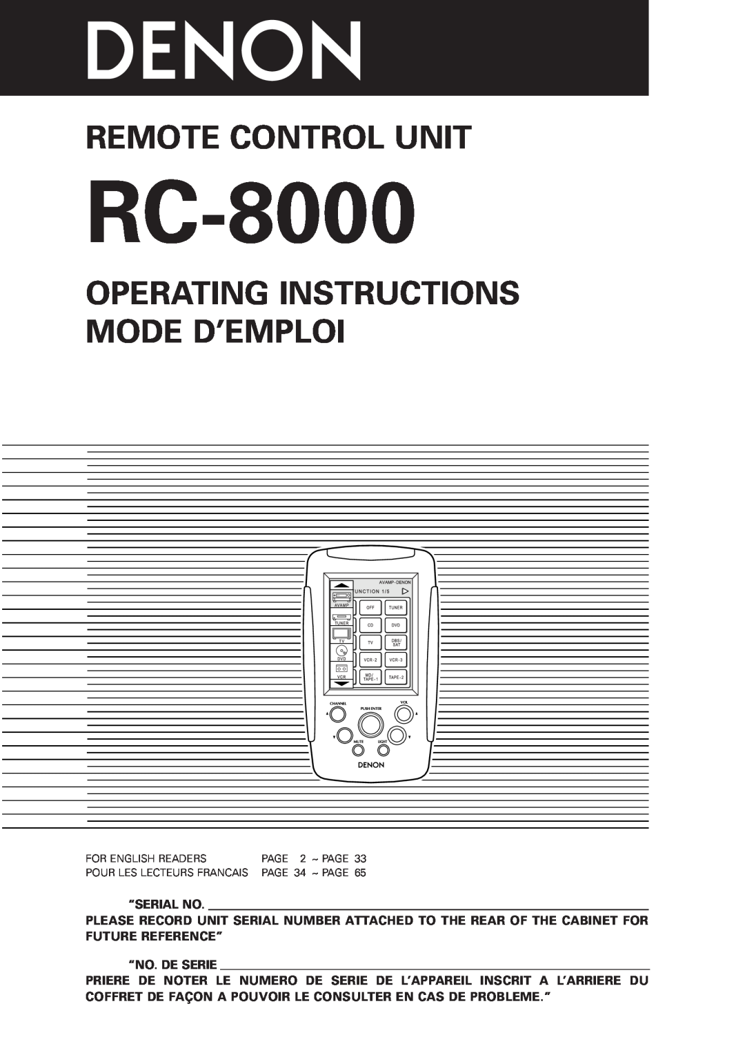 Denon RC-8000 manual Remote Control Unit, Operating Instructions Mode D’Emploi, “Serial No, “No. De Serie 