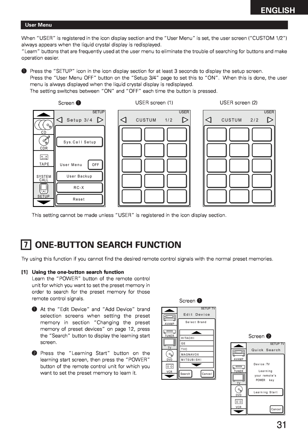 Denon RC-8000 manual One-Button Search Function, User Menu, Using the one-button search function, English 