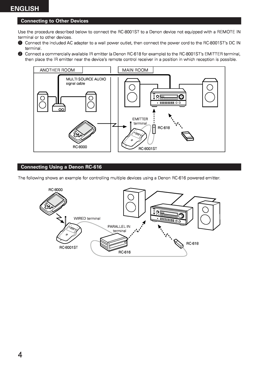 Denon RC-8000 manual Connecting to Other Devices, Connecting Using a Denon RC-616, English 