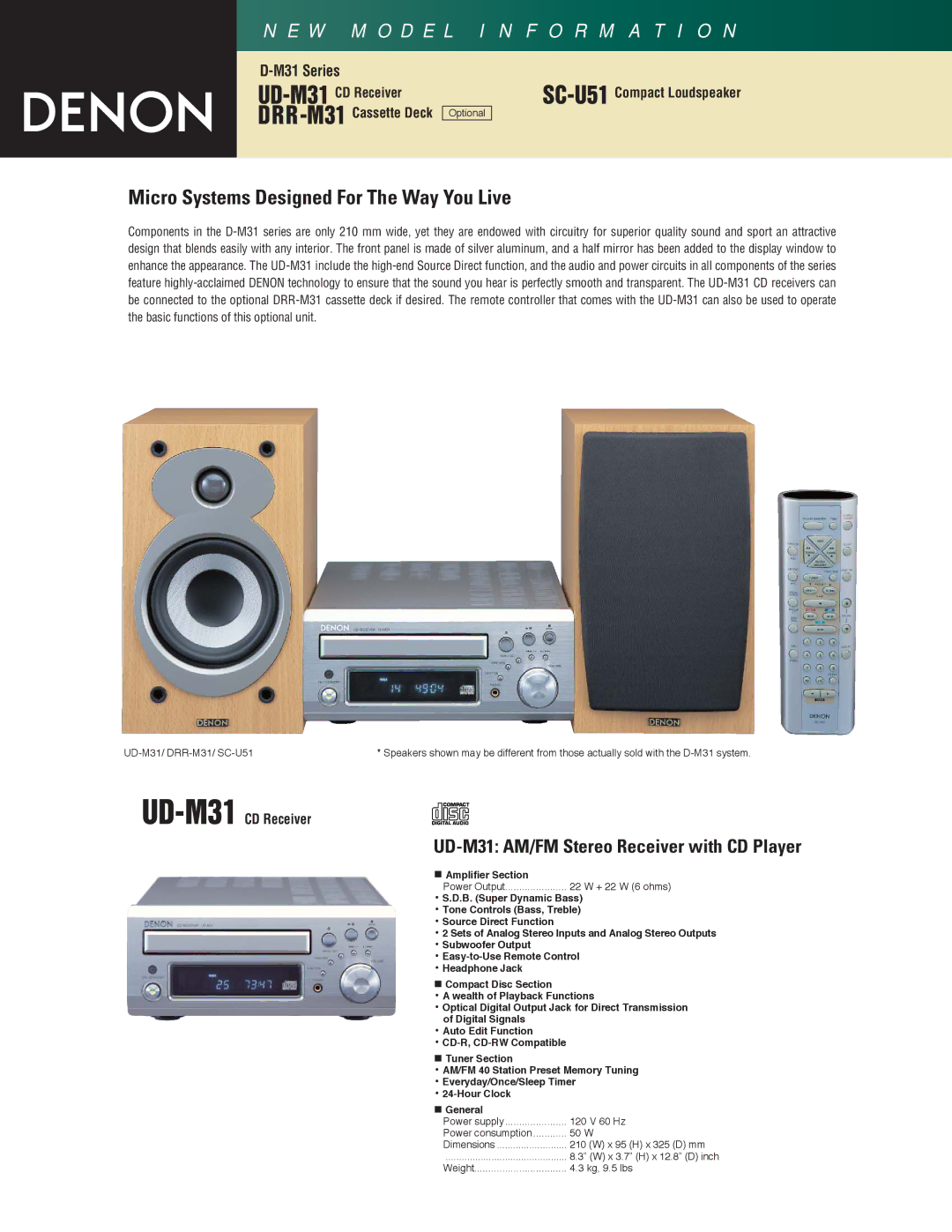 Denon DRR-M31, SC-U51 dimensions Micro Systems Designed For The Way You Live, UD-M31 AM/FM Stereo Receiver with CD Player 