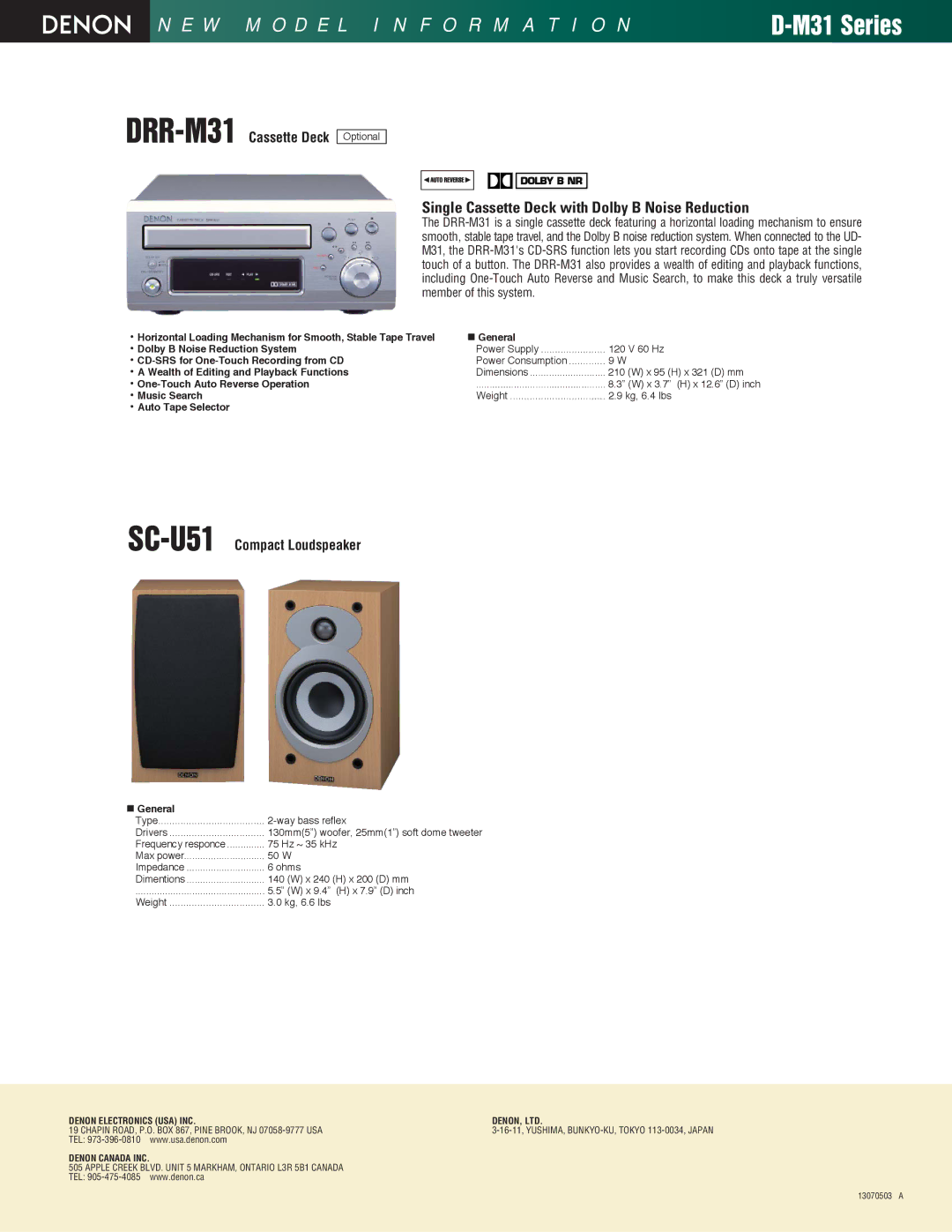 Denon SC-U51, UD-M31, DRR-M31 dimensions M31 Series, Single Cassette Deck with Dolby B Noise Reduction 