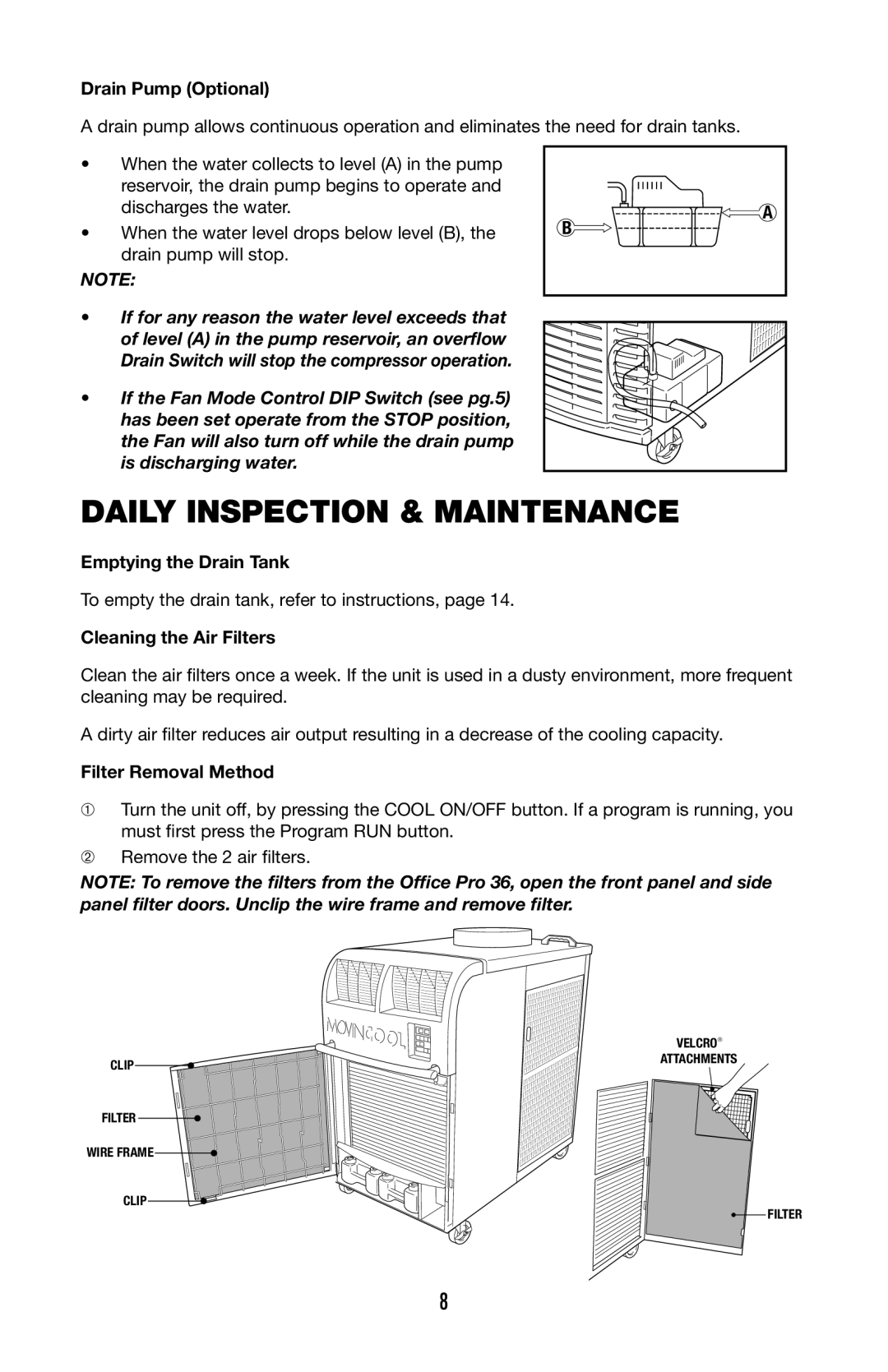 Denso 36 Daily Inspection & Maintenance, Drain Pump Optional, Emptying the Drain Tank, Cleaning the Air Filters 