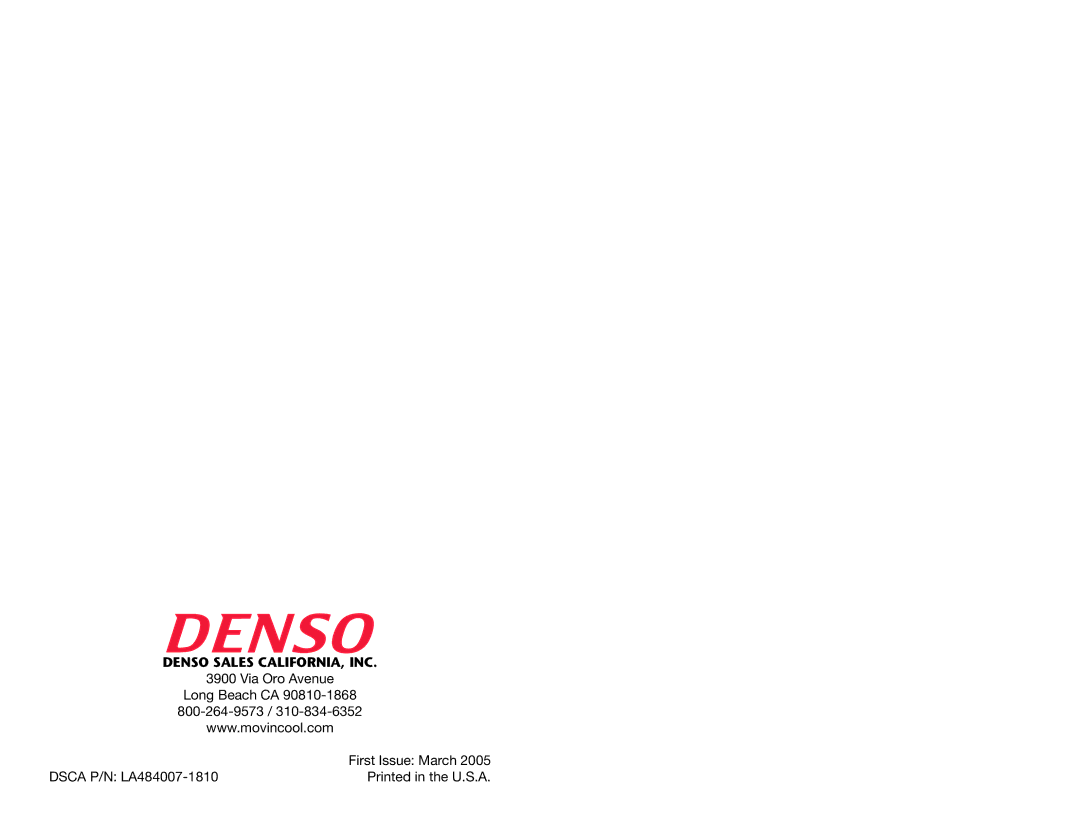 Denso 36 operation manual Via Oro Avenue First Issue March Dsca P/N LA484007-1810 