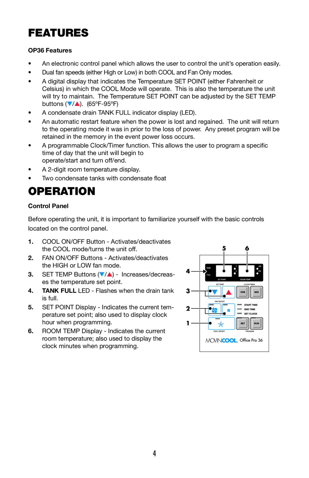 Denso operation manual Operation, OP36 Features, Control Panel 