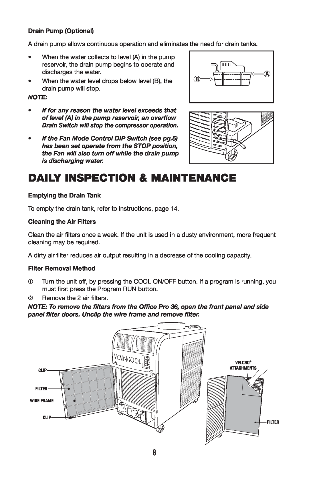 Denso 36 Daily Inspection & Maintenance, Drain Pump Optional, Emptying the Drain Tank, Cleaning the Air Filters 