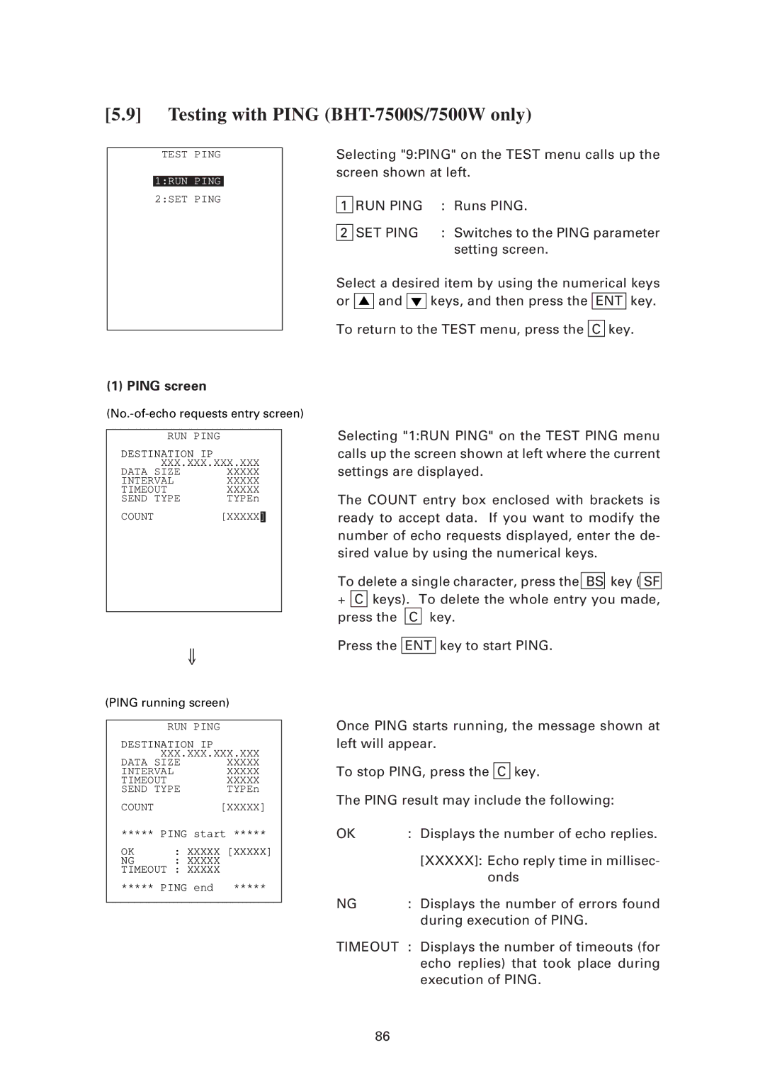 Denso BHT-7500W user manual Testing with Ping BHT-7500S/7500W only, RUN Ping, SET Ping 