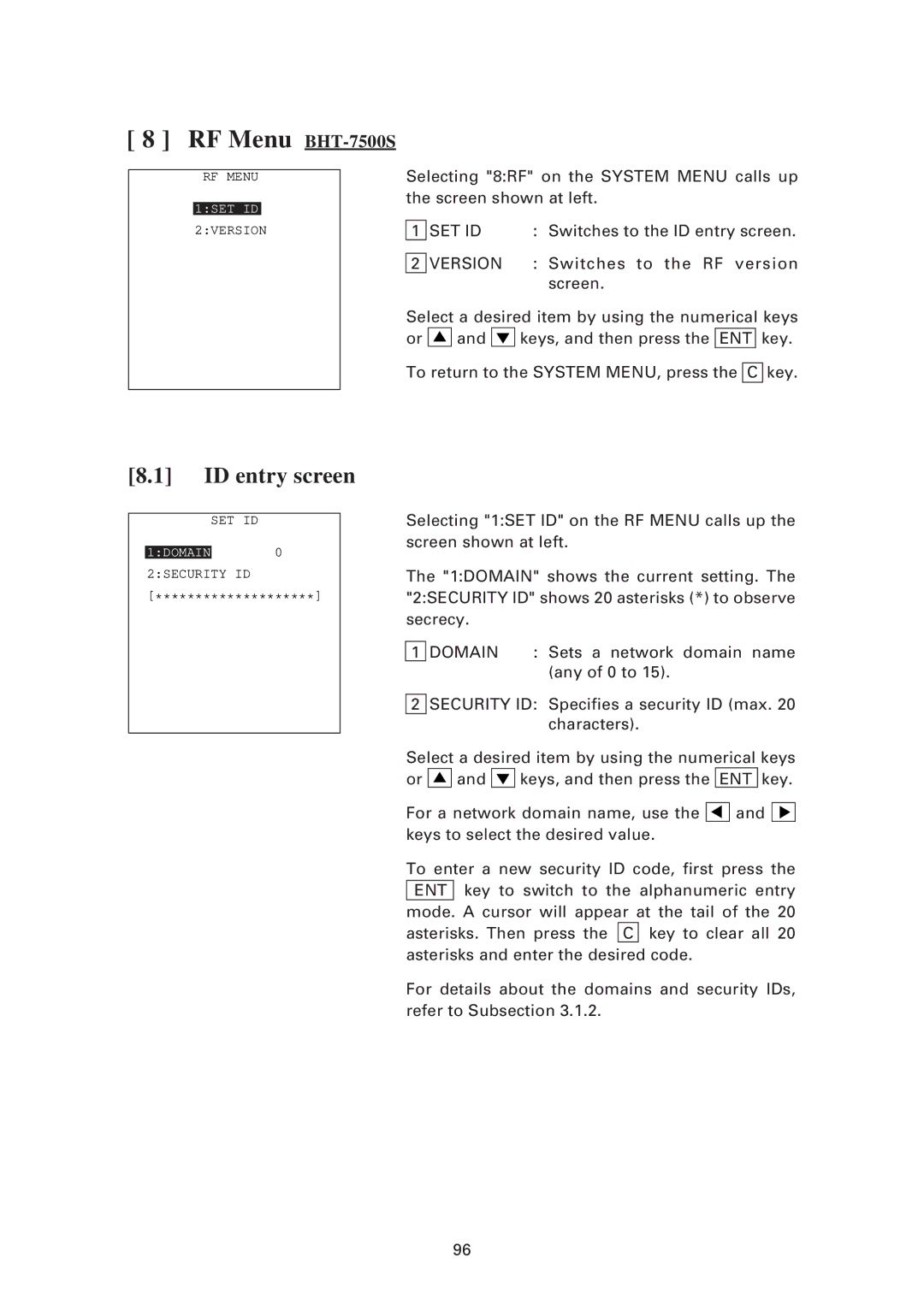 Denso BHT-7500W user manual RF Menu BHT-7500S, ID entry screen, Set Id, Version 