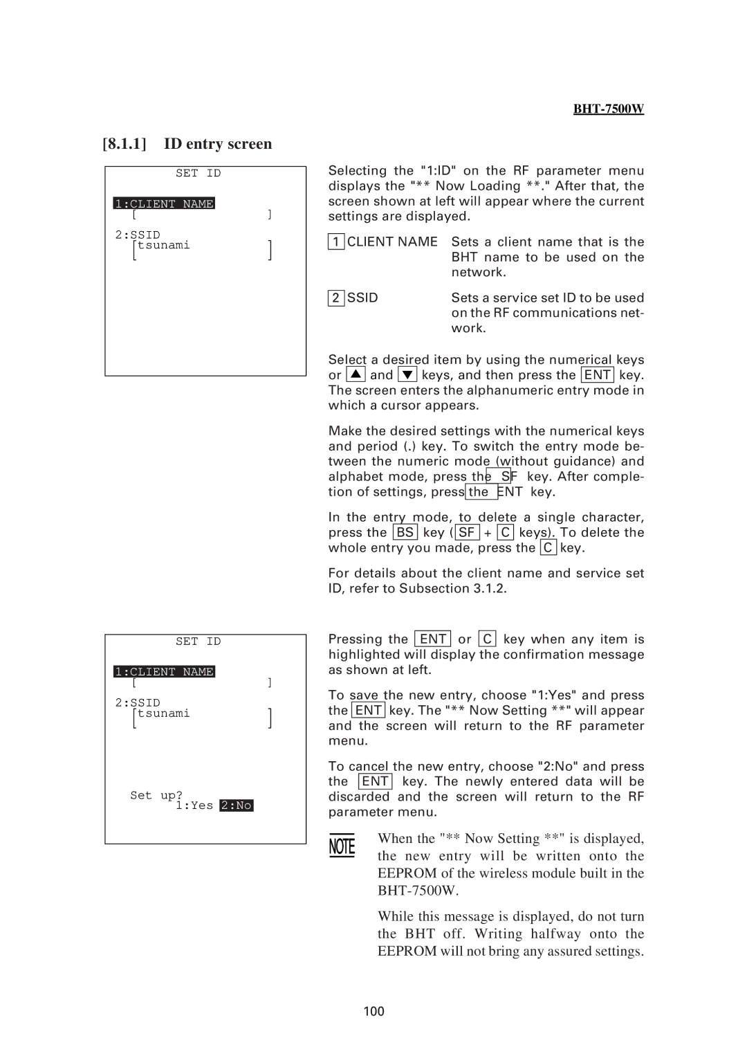 Denso BHT-7500S, BHT-7500W user manual ID entry screen, Client Name, Ssid 