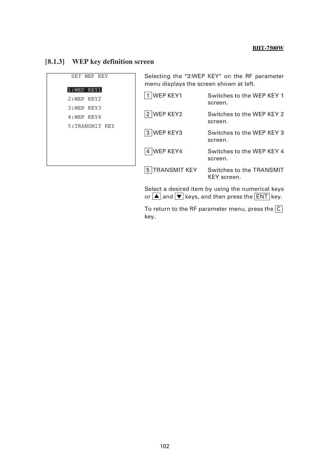 Denso BHT-7500S, BHT-7500W user manual WEP key definition screen 