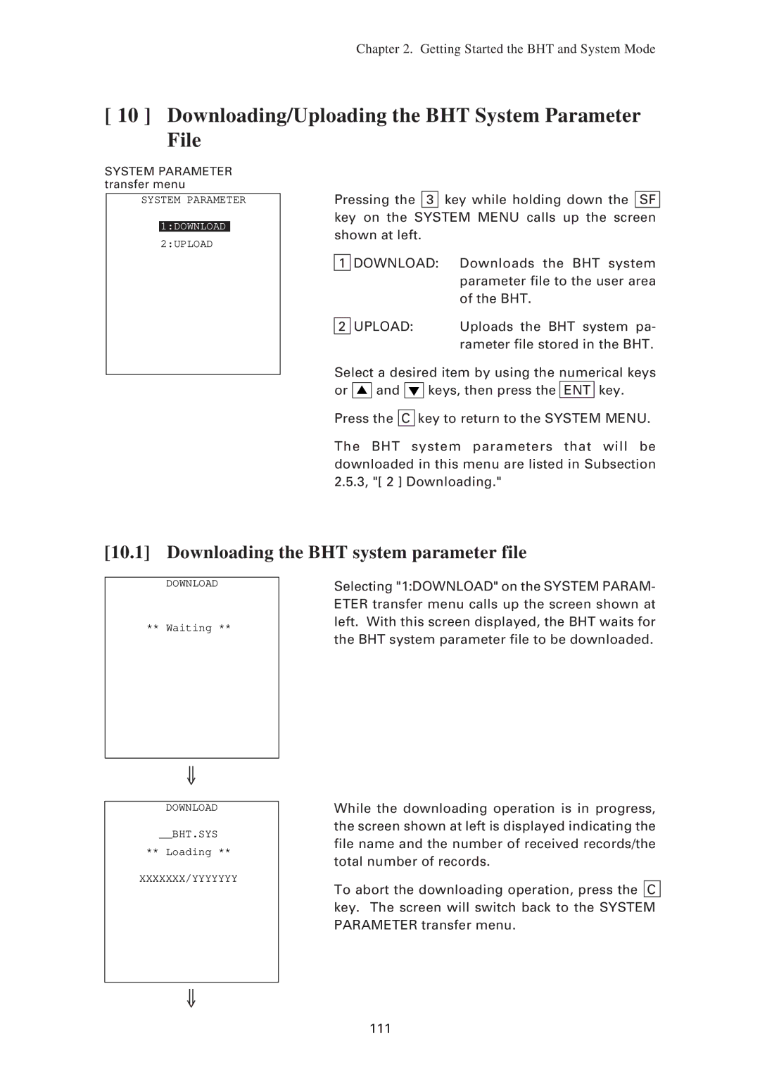 Denso BHT-7500W, BHT-7500S Downloading/Uploading the BHT System Parameter File, Downloading the BHT system parameter file 