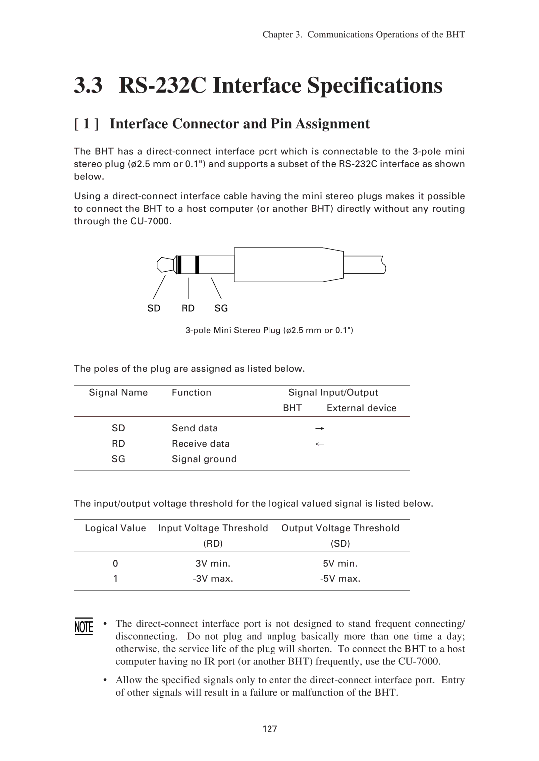 Denso BHT-7500W, BHT-7500S user manual RS-232C Interface Specifications, Interface Connector and Pin Assignment, Bht 