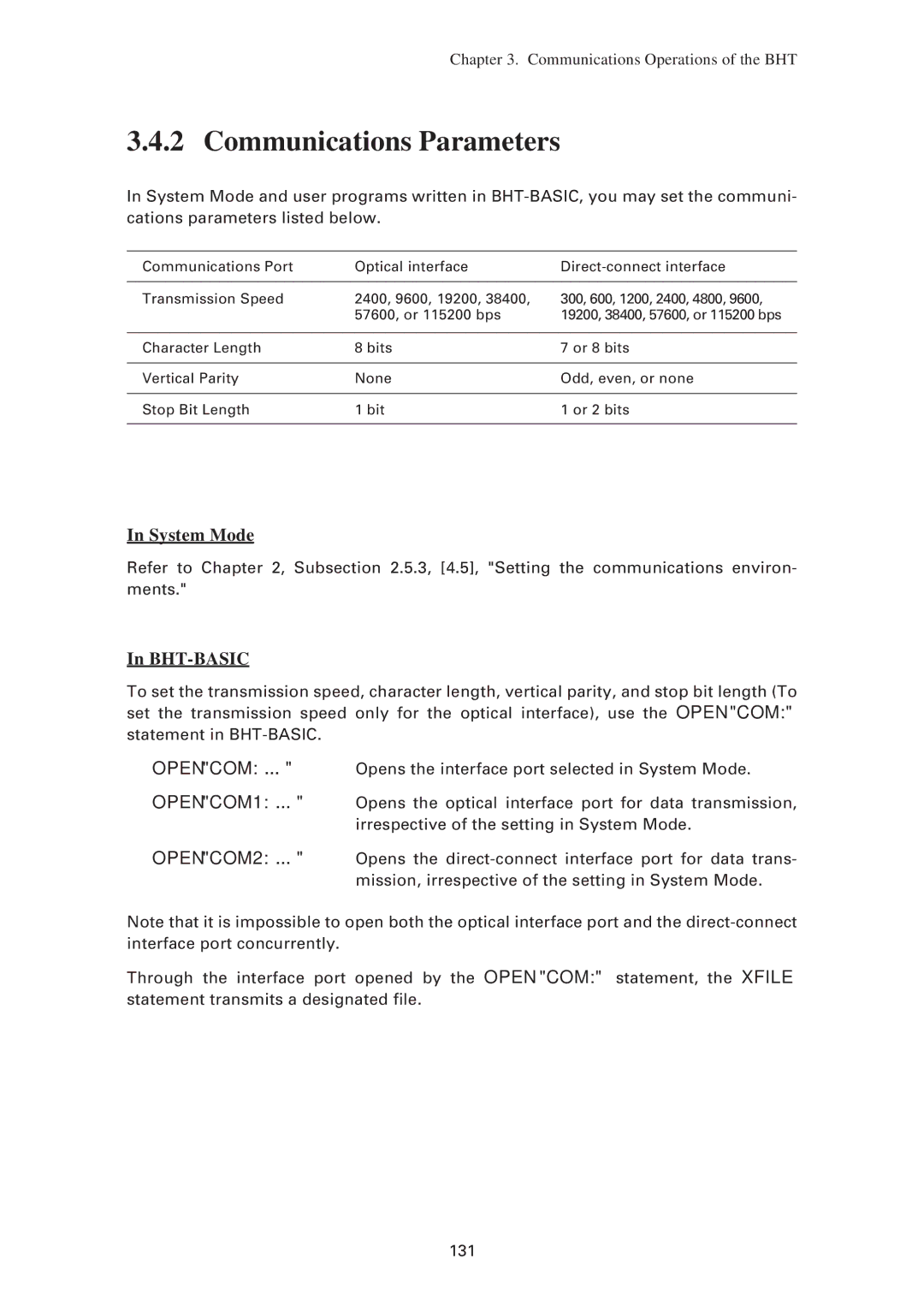 Denso BHT-7500W, BHT-7500S user manual Communications Parameters, Bht-Basic 