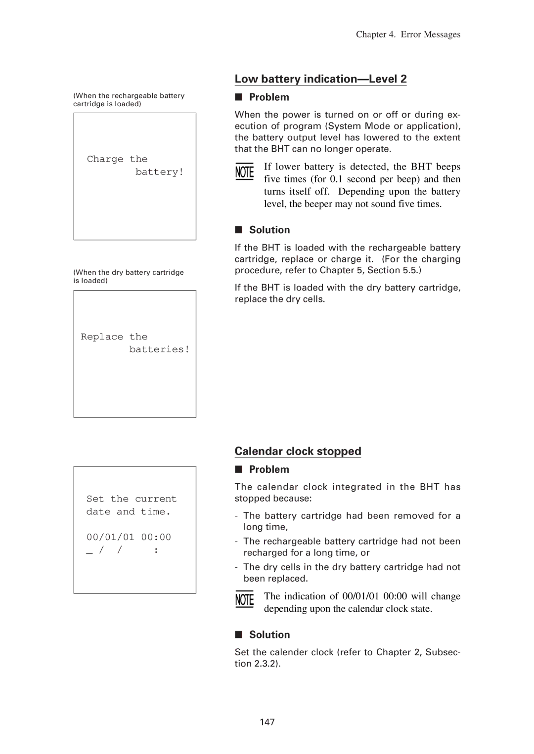 Denso BHT-7500W, BHT-7500S user manual Calendar clock stopped 